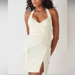 Urban Outfitters Jenny Denim Bustier Halter Utility Pocket Mini Dress in Ivory